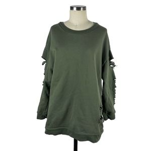 ALO Yoga Olive Green Crew Neck Pullover Sweatshirt Distressed Cutout